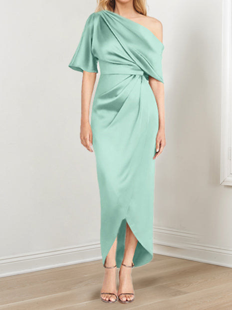 Asymmetrical One-Shoulder Short Sleeve Sheath Dress with Ruffles for the Mother of the Bride-LLELLA