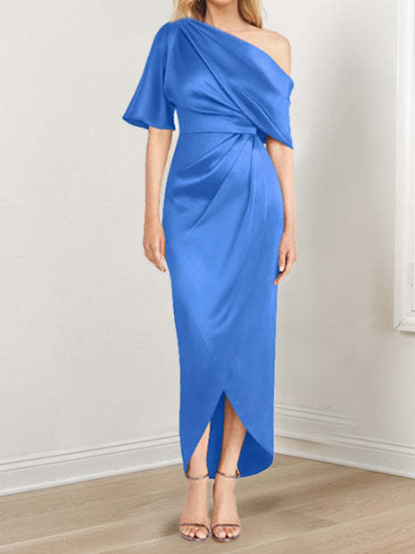 Asymmetrical One-Shoulder Short Sleeve Sheath Dress with Ruffles for the Mother of the Bride-LLELLA