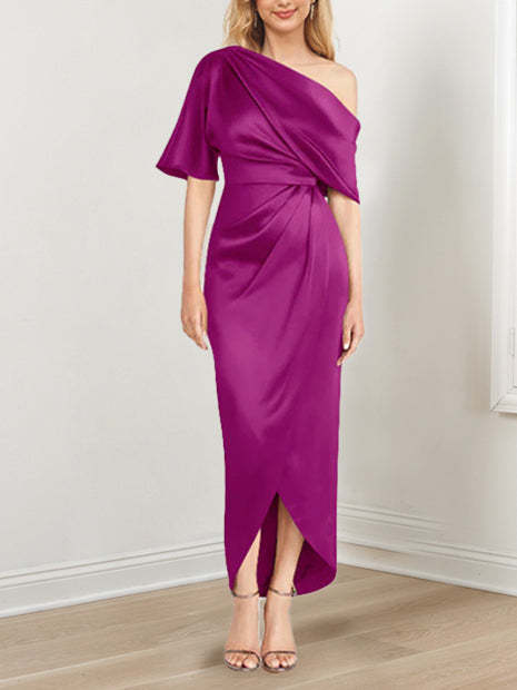 Asymmetrical One-Shoulder Short Sleeve Sheath Dress with Ruffles for the Mother of the Bride-LLELLA