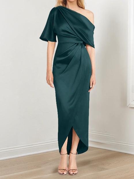 Asymmetrical One-Shoulder Short Sleeve Sheath Dress with Ruffles for the Mother of the Bride-LLELLA