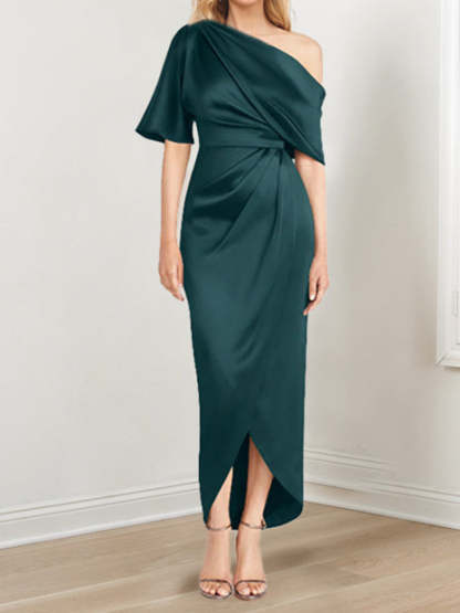 Asymmetrical One-Shoulder Short Sleeve Sheath Dress with Ruffles for the Mother of the Bride-LLELLA