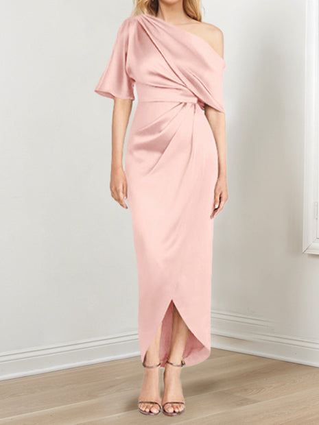 Asymmetrical One-Shoulder Short Sleeve Sheath Dress with Ruffles for the Mother of the Bride-LLELLA