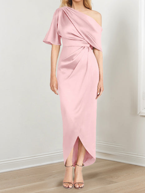 Asymmetrical One-Shoulder Short Sleeve Sheath Dress with Ruffles for the Mother of the Bride-LLELLA