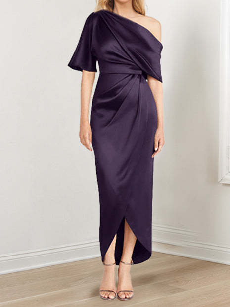 Asymmetrical One-Shoulder Short Sleeve Sheath Dress with Ruffles for the Mother of the Bride-LLELLA
