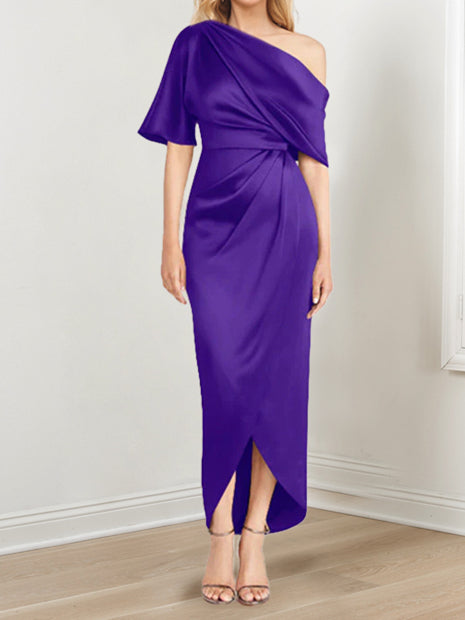 Asymmetrical One-Shoulder Short Sleeve Sheath Dress with Ruffles for the Mother of the Bride-LLELLA