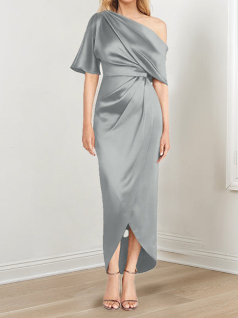 Asymmetrical One-Shoulder Short Sleeve Sheath Dress with Ruffles for the Mother of the Bride-LLELLA