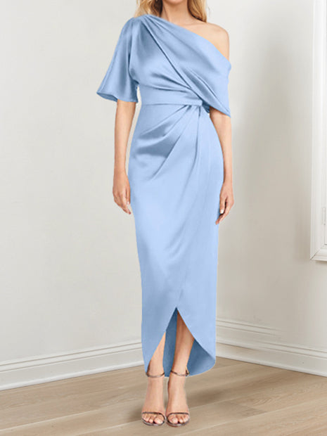 Asymmetrical One-Shoulder Short Sleeve Sheath Dress with Ruffles for the Mother of the Bride-LLELLA