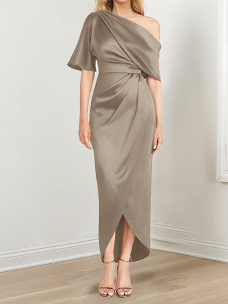 Asymmetrical One-Shoulder Short Sleeve Sheath Dress with Ruffles for the Mother of the Bride-LLELLA