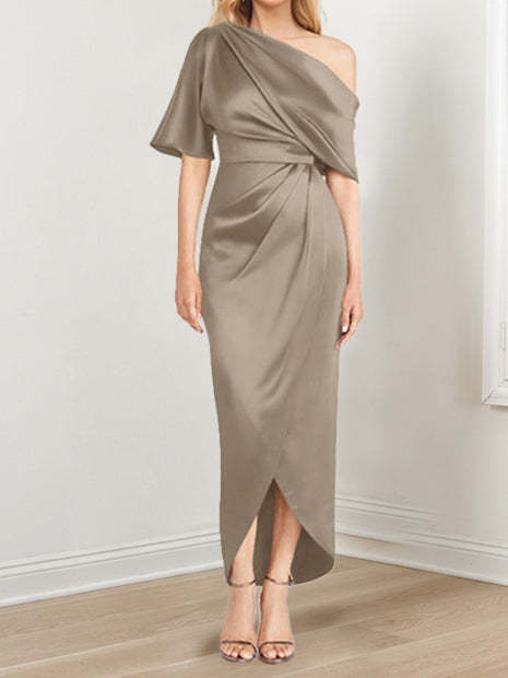 Asymmetrical One-Shoulder Short Sleeve Sheath Dress with Ruffles for the Mother of the Bride-LLELLA