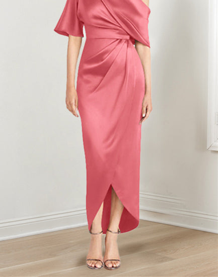 Asymmetrical One-Shoulder Short Sleeve Sheath Dress with Ruffles for the Mother of the Bride-LLELLA