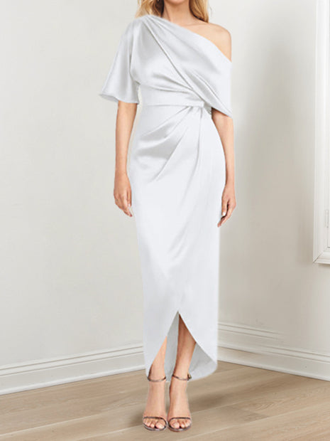 Asymmetrical One-Shoulder Short Sleeve Sheath Dress with Ruffles for the Mother of the Bride-LLELLA