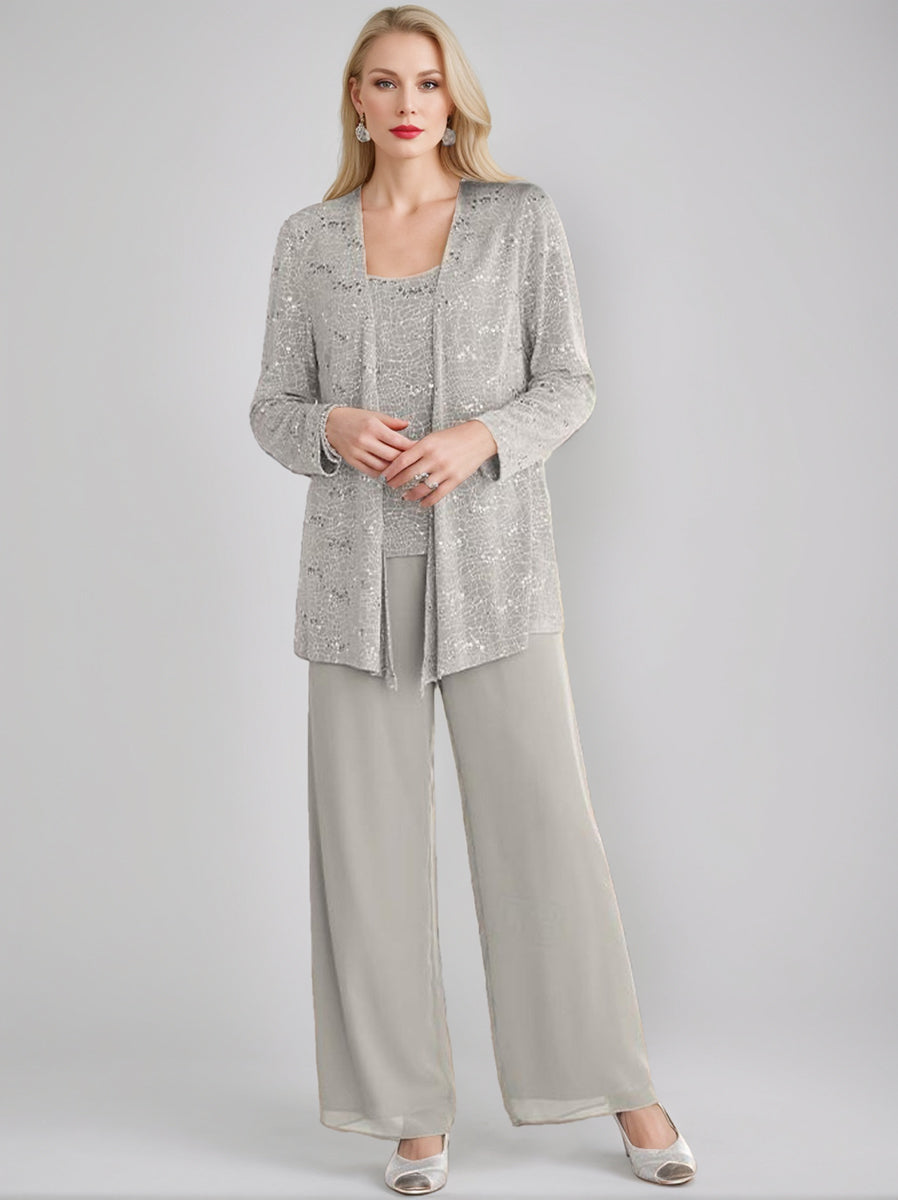 Sequined Chiffon Pantsuits for the Mother of the Bride with Jacket-LLELLA
