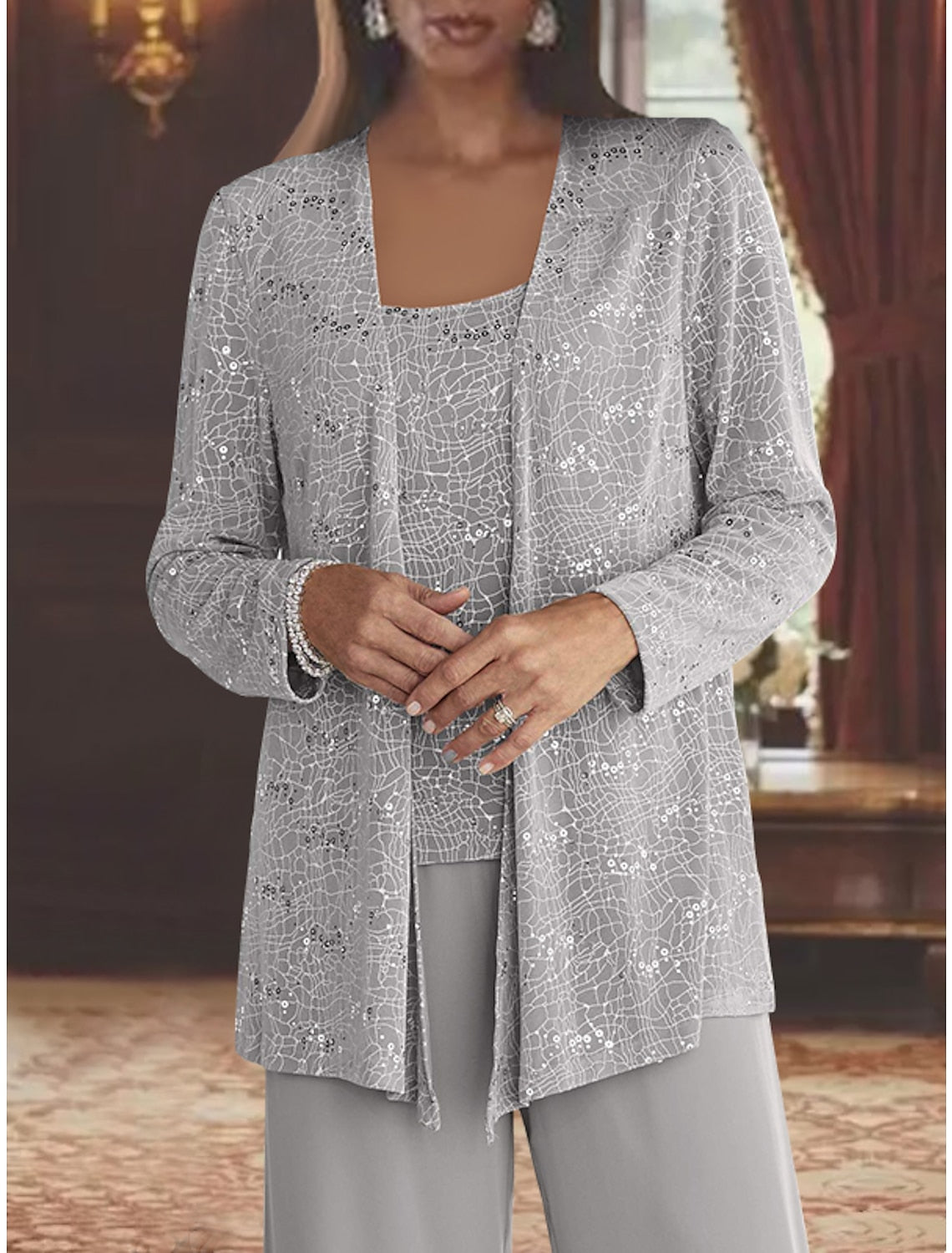 Sequined Chiffon Pantsuits for the Mother of the Bride with Jacket-LLELLA