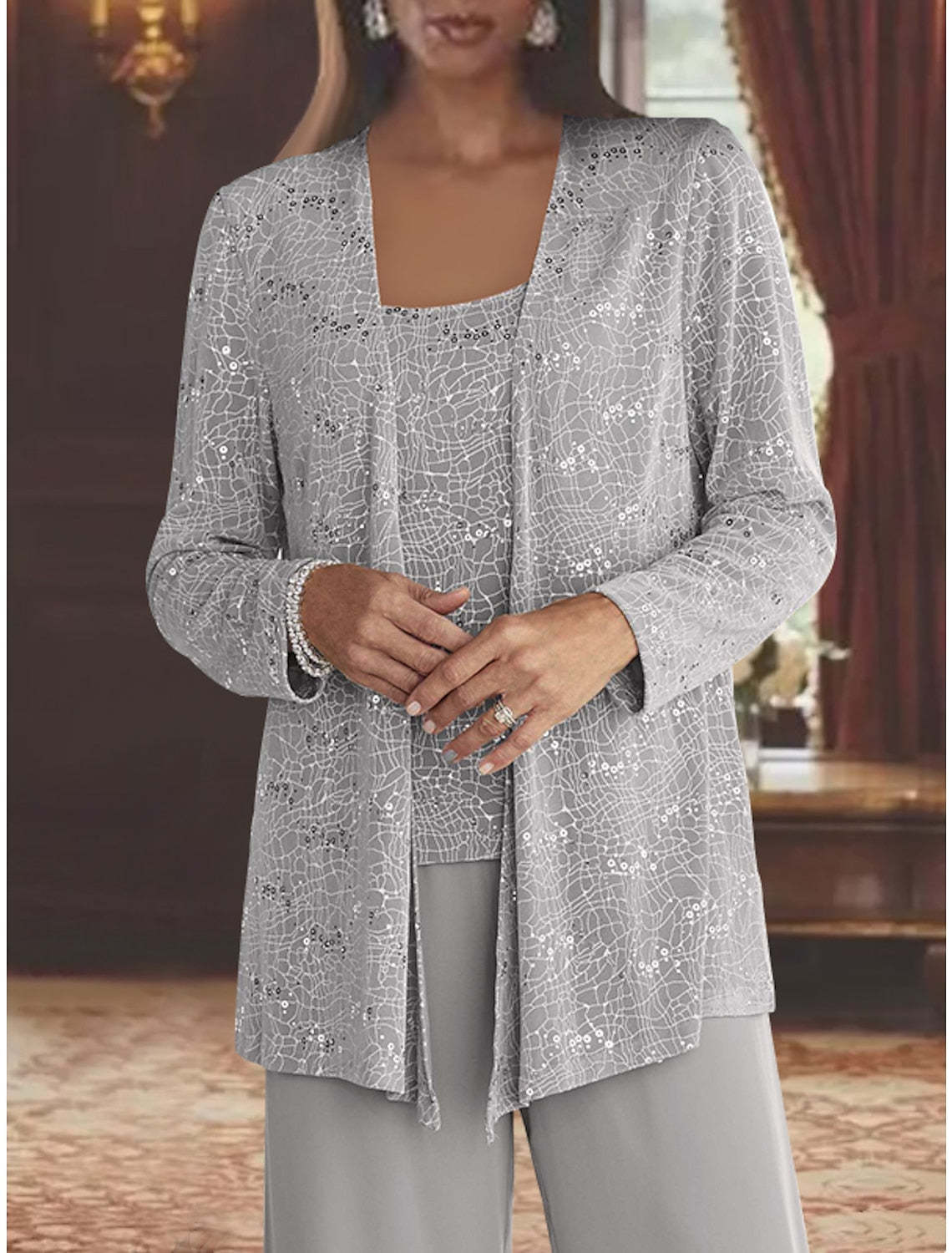 Sequined Chiffon Pantsuits for the Mother of the Bride with Jacket-LLELLA
