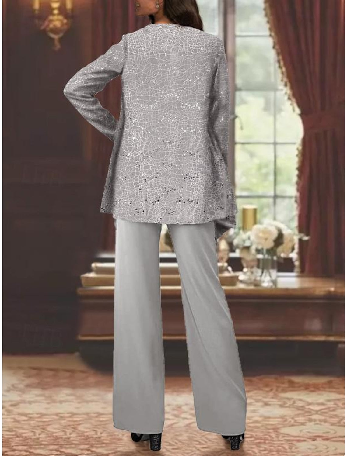 Sequined Chiffon Pantsuits for the Mother of the Bride with Jacket-LLELLA