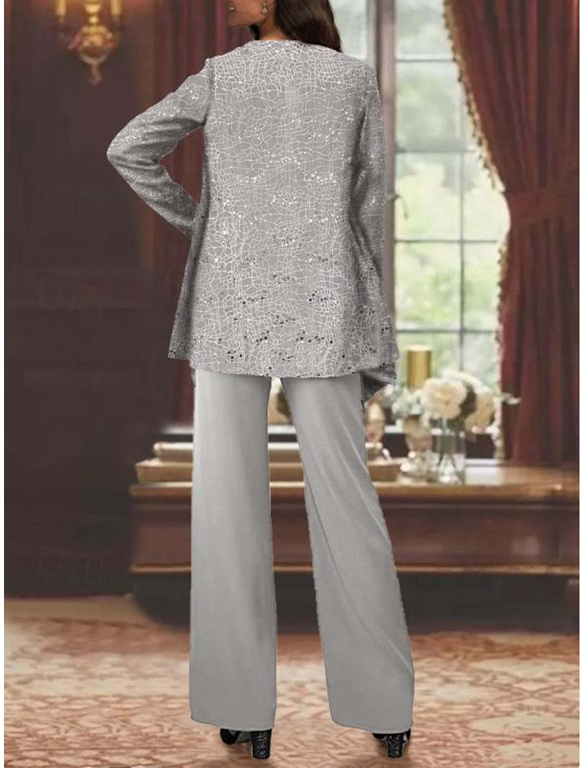Sequined Chiffon Pantsuits for the Mother of the Bride with Jacket-LLELLA