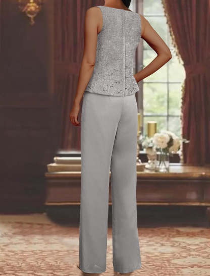 Sequined Chiffon Pantsuits for the Mother of the Bride with Jacket-LLELLA