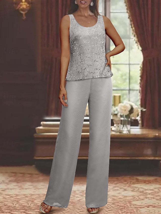 Sequined Chiffon Pantsuits for the Mother of the Bride with Jacket-LLELLA