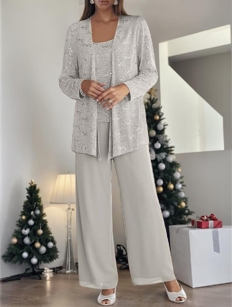 Sequined Chiffon Pantsuits for the Mother of the Bride with Jacket-LLELLA