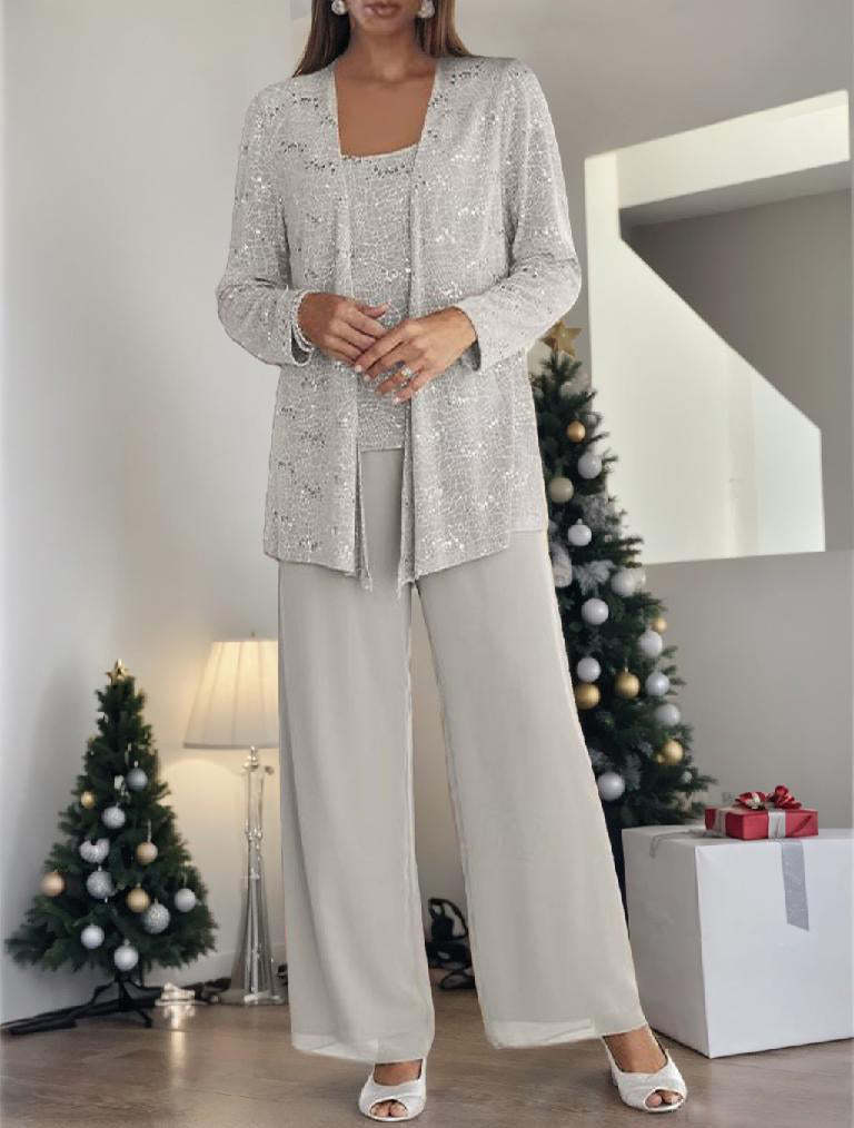 Sequined Chiffon Pantsuits for the Mother of the Bride with Jacket-LLELLA