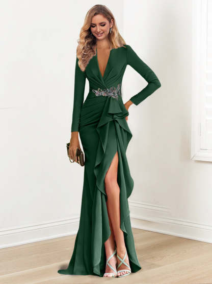 Floor-Length V-Neck Long Sleeve Sheath Dress with Crepe Beading for the Mother of the Bride-LLELLA