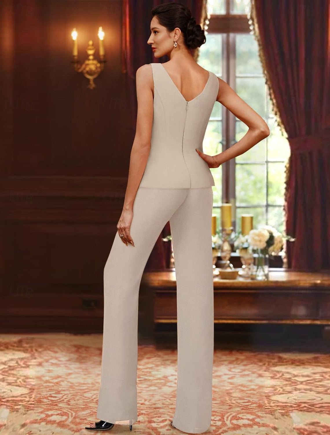 Floor-Length V-Neck Chiffon Pantsuits with Jacket & Sequins for the Mother of the Bride-LLELLA
