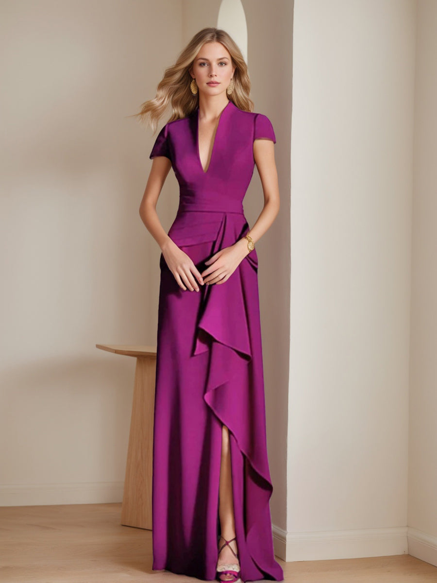 V-Neck Short-Sleeve Floor-Length Mother of the Bride Gown with Side Split-LLELLA