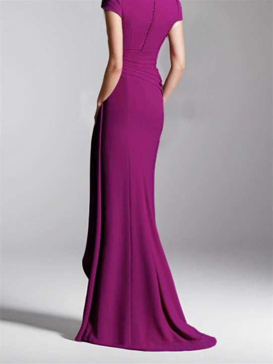 V-Neck Short-Sleeve Floor-Length Mother of the Bride Gown with Side Split-LLELLA
