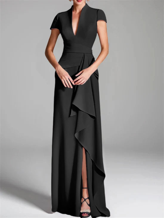 V-Neck Short-Sleeve Floor-Length Mother of the Bride Gown with Side Split-LLELLA