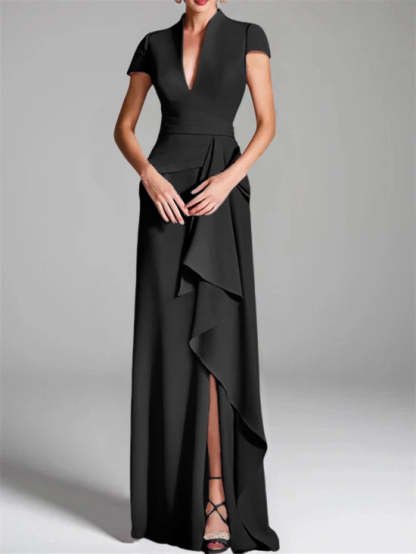 V-Neck Short-Sleeve Floor-Length Mother of the Bride Gown with Side Split-LLELLA