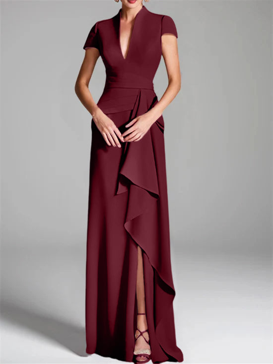 V-Neck Short-Sleeve Floor-Length Mother of the Bride Gown with Side Split-LLELLA