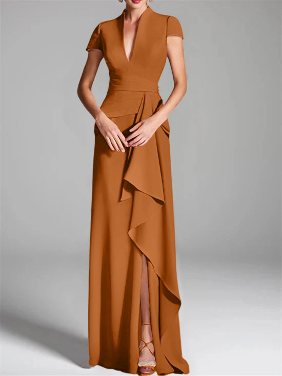 V-Neck Short-Sleeve Floor-Length Mother of the Bride Gown with Side Split-LLELLA