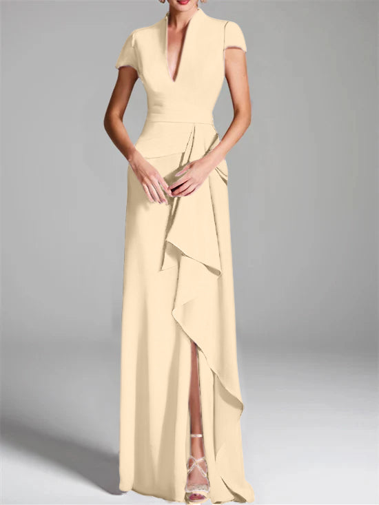 V-Neck Short-Sleeve Floor-Length Mother of the Bride Gown with Side Split-LLELLA