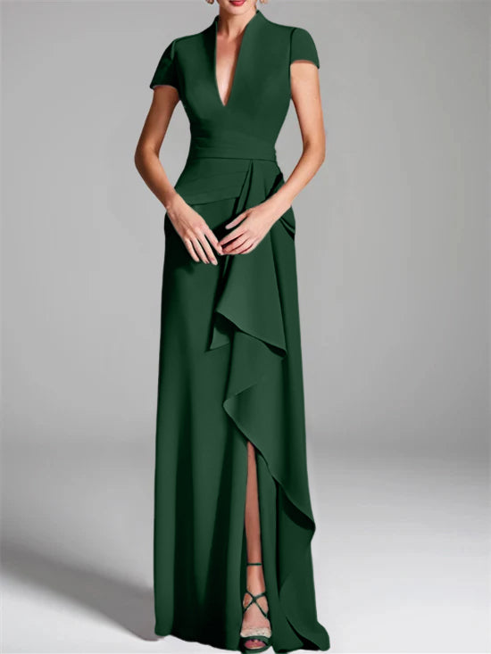 V-Neck Short-Sleeve Floor-Length Mother of the Bride Gown with Side Split-LLELLA