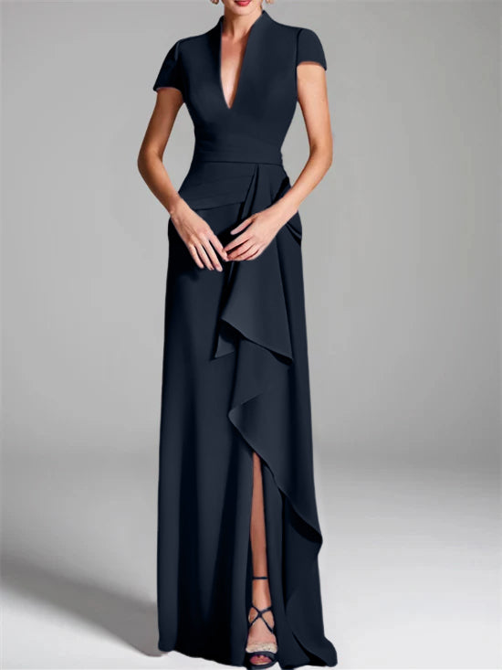 V-Neck Short-Sleeve Floor-Length Mother of the Bride Gown with Side Split-LLELLA