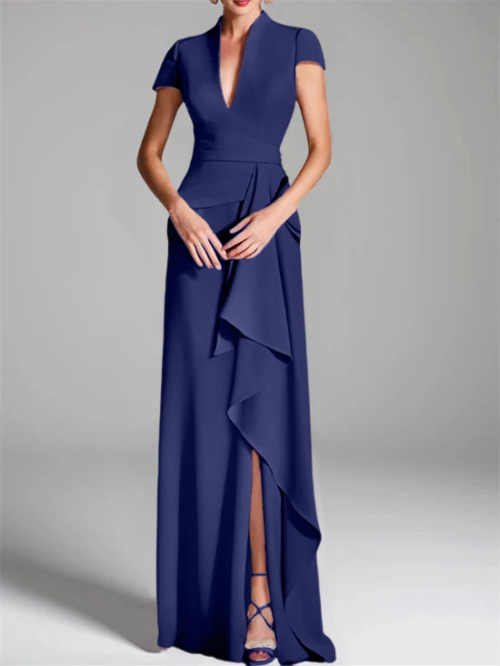 V-Neck Short-Sleeve Floor-Length Mother of the Bride Gown with Side Split-LLELLA
