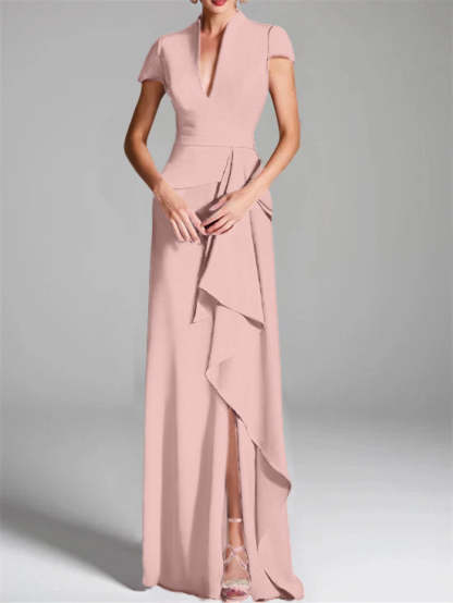 V-Neck Short-Sleeve Floor-Length Mother of the Bride Gown with Side Split-LLELLA