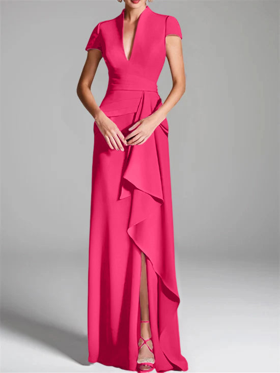 V-Neck Short-Sleeve Floor-Length Mother of the Bride Gown with Side Split-LLELLA