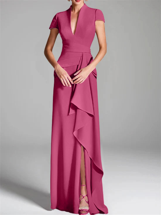 V-Neck Short-Sleeve Floor-Length Mother of the Bride Gown with Side Split-LLELLA