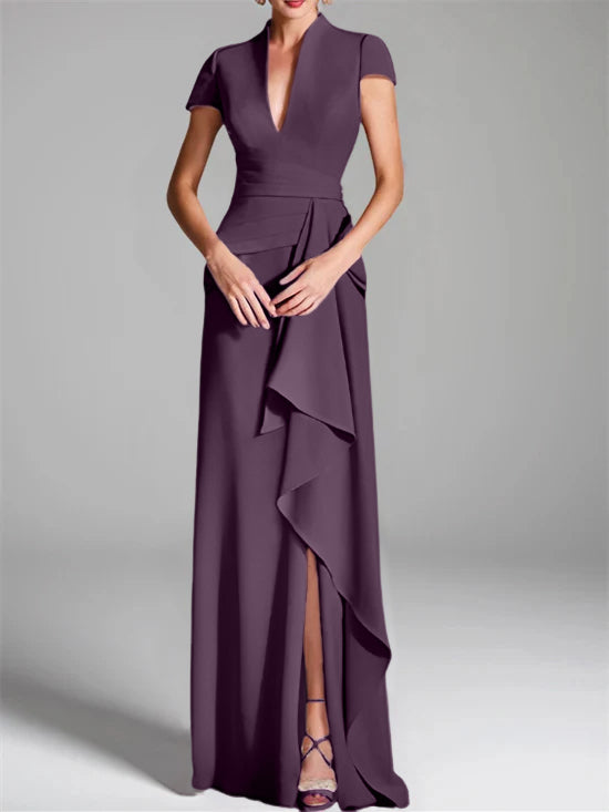 V-Neck Short-Sleeve Floor-Length Mother of the Bride Gown with Side Split-LLELLA