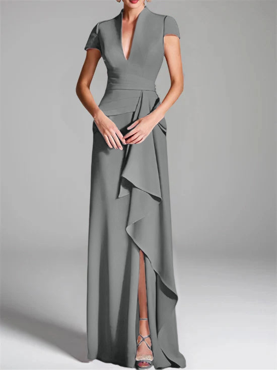 V-Neck Short-Sleeve Floor-Length Mother of the Bride Gown with Side Split-LLELLA