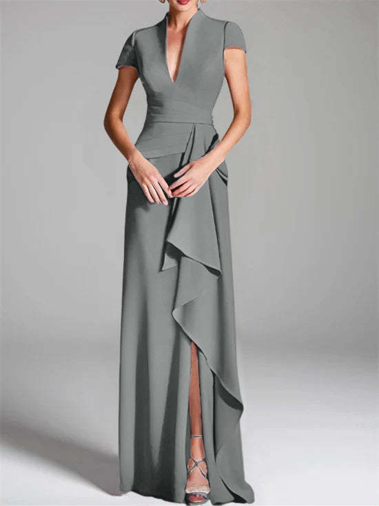 V-Neck Short-Sleeve Floor-Length Mother of the Bride Gown with Side Split-LLELLA
