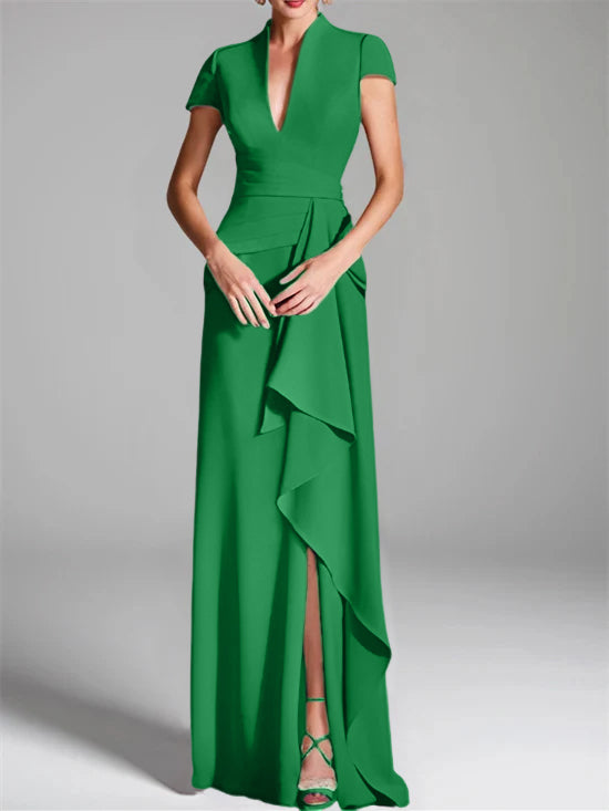V-Neck Short-Sleeve Floor-Length Mother of the Bride Gown with Side Split-LLELLA