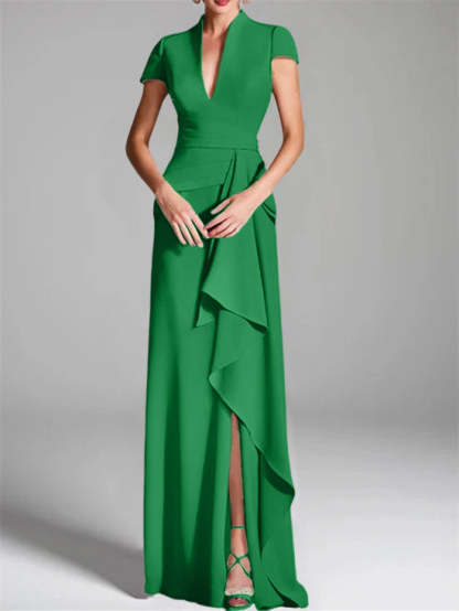 V-Neck Short-Sleeve Floor-Length Mother of the Bride Gown with Side Split-LLELLA