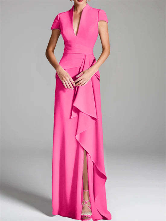 V-Neck Short-Sleeve Floor-Length Mother of the Bride Gown with Side Split-LLELLA