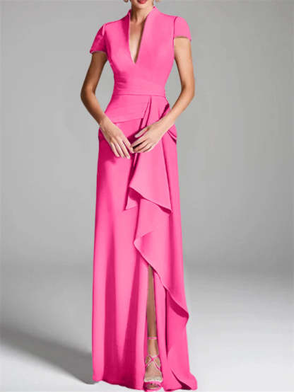 V-Neck Short-Sleeve Floor-Length Mother of the Bride Gown with Side Split-LLELLA