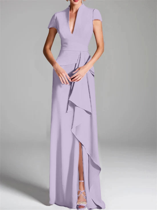 V-Neck Short-Sleeve Floor-Length Mother of the Bride Gown with Side Split-LLELLA