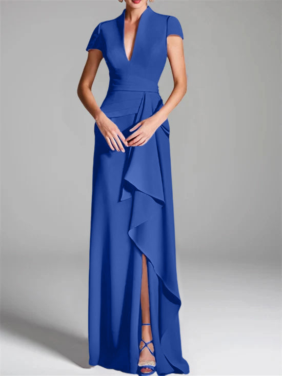 V-Neck Short-Sleeve Floor-Length Mother of the Bride Gown with Side Split-LLELLA