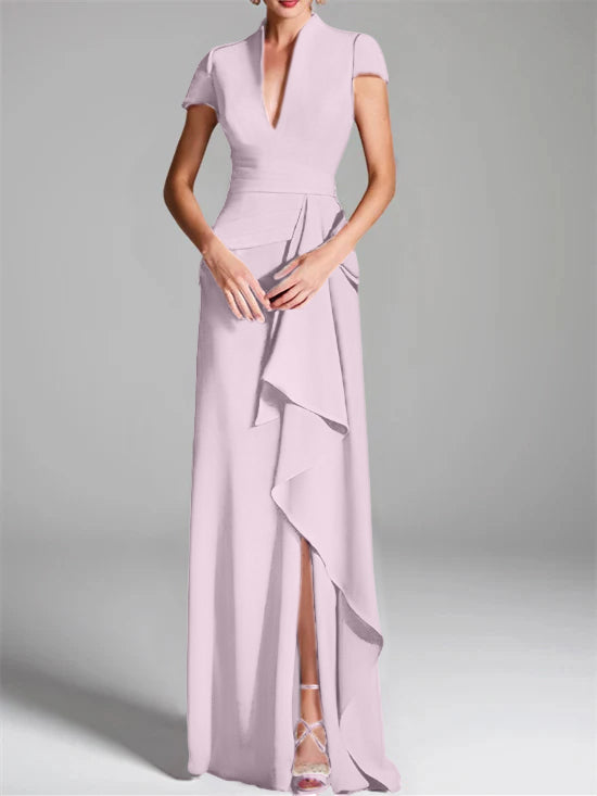 V-Neck Short-Sleeve Floor-Length Mother of the Bride Gown with Side Split-LLELLA
