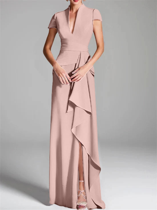 V-Neck Short-Sleeve Floor-Length Mother of the Bride Gown with Side Split-LLELLA